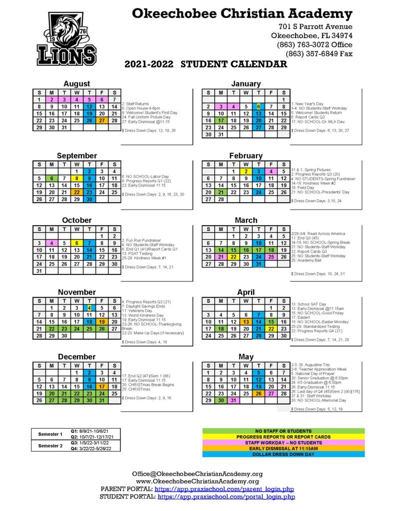 Oca Calendar 2022 Calendar And Supply Lists – Okeechobee Christian Academy
