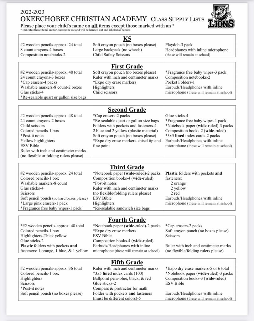 Calendar and Supply Lists – Okeechobee Christian Academy